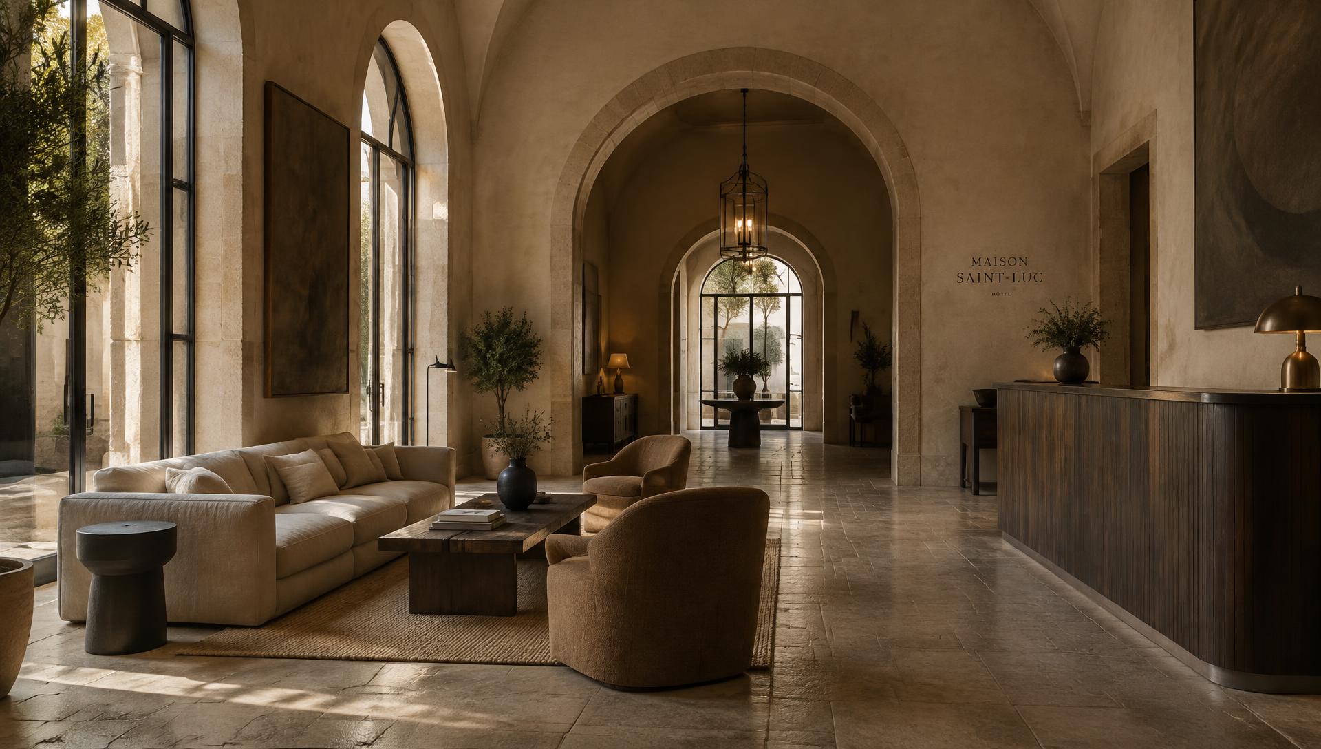 Sunlit boutique hotel lobby with stone arches and linen furnishings