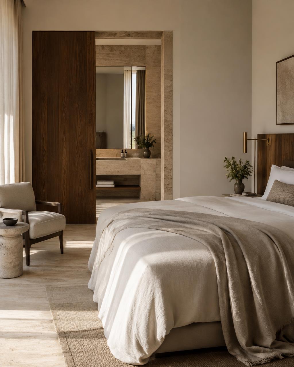 Calm guest room with linen bedding and travertine details